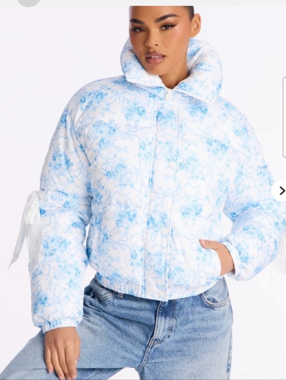 Light Blue Floral Puffer Jacket - Women